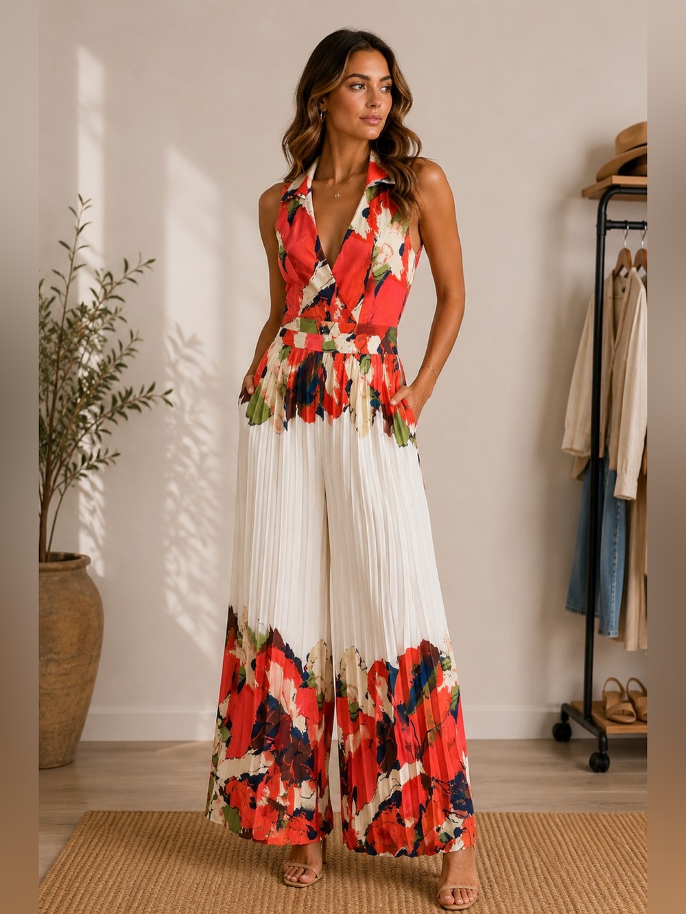 627. Sunset Bloom Pleated Wide-Leg Jumpsuit